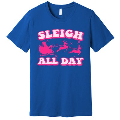 Groovy Retro Christmas Pink Santa Reindeer Sleigh All Day Gift Premium T-Shirt