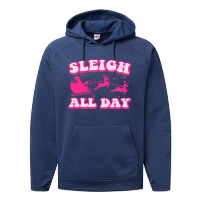 Groovy Retro Christmas Pink Santa Reindeer Sleigh All Day Gift Performance Fleece Hoodie