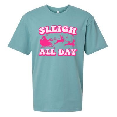 Groovy Retro Christmas Pink Santa Reindeer Sleigh All Day Gift Sueded Cloud Jersey T-Shirt