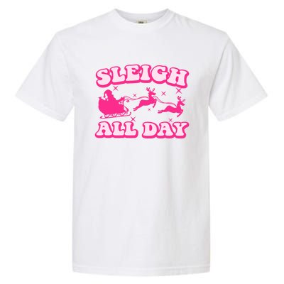 Groovy Retro Christmas Pink Santa Reindeer Sleigh All Day Gift Garment-Dyed Heavyweight T-Shirt