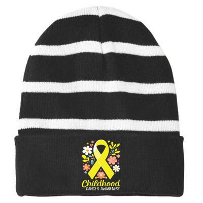 Gold Ribbon Childhood Cancer Awareness Girl Striped Beanie with Solid Band