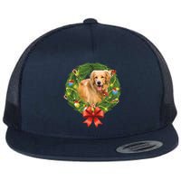 Golden Retriever Christmas Wreath Flat Bill Trucker Hat