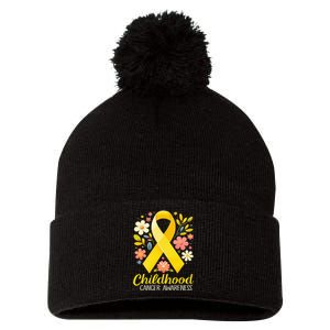 Gold Ribbon Childhood Cancer Awareness Pom Pom 12in Knit Beanie