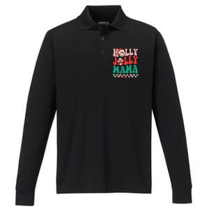 Groovy Retro Christmas Hippie Have A Holly Xmas Jolly Mama Performance Long Sleeve Polo