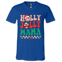 Groovy Retro Christmas Hippie Have A Holly Xmas Jolly Mama V-Neck T-Shirt