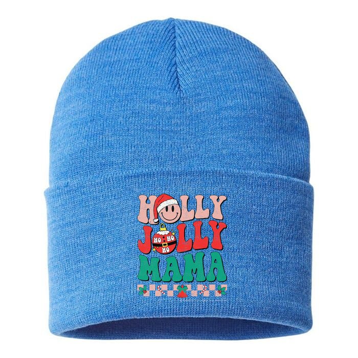 Groovy Retro Christmas Hippie Have A Holly Xmas Jolly Mama Sustainable Knit Beanie