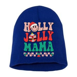 Groovy Retro Christmas Hippie Have A Holly Xmas Jolly Mama Short Acrylic Beanie