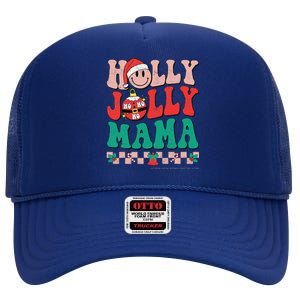 Groovy Retro Christmas Hippie Have A Holly Xmas Jolly Mama High Crown Mesh Back Trucker Hat