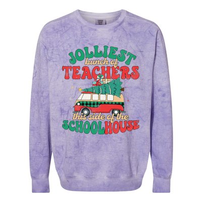 Groovy Retro Christmas Teacher Jolly Vibes Jolliest Bunch Colorblast Crewneck Sweatshirt