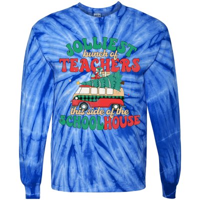 Groovy Retro Christmas Teacher Jolly Vibes Jolliest Bunch Tie-Dye Long Sleeve Shirt