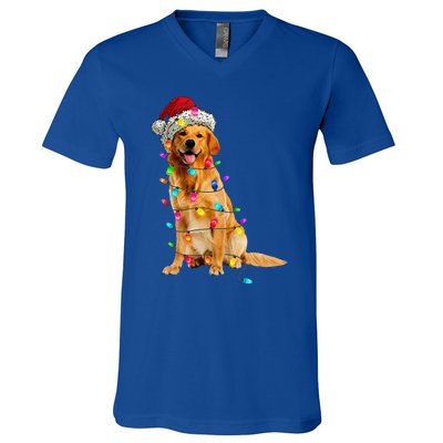 Golden Retrievers Christmas Lights Hat Santa Dog Lover V-Neck T-Shirt