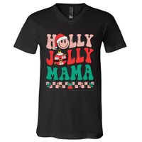 Groovy Retro Christmas Hippie Have A Holly Xmas Jolly Mama V-Neck T-Shirt