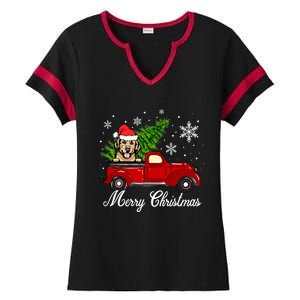 Golden Retriever Dog Riding Red Truck Christmas Decorations Cool Gift Ladies Halftime Notch Neck Tee