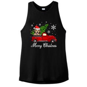 Golden Retriever Dog Riding Red Truck Christmas Decorations Cool Gift Ladies PosiCharge Tri-Blend Wicking Tank