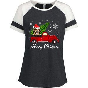 Golden Retriever Dog Riding Red Truck Christmas Decorations Cool Gift Enza Ladies Jersey Colorblock Tee