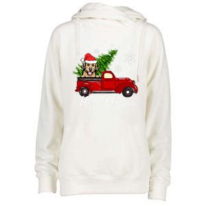 Golden Retriever Dog Riding Red Truck Christmas Decorations Cool Gift Womens Funnel Neck Pullover Hood