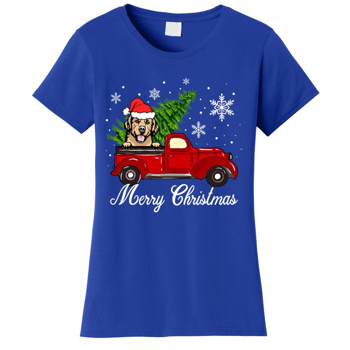 Golden Retriever Dog Riding Red Truck Christmas Decorations Cool Gift Women's T-Shirt