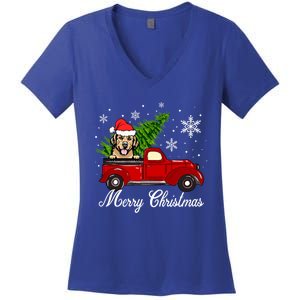 Golden Retriever Dog Riding Red Truck Christmas Decorations Cool Gift Women's V-Neck T-Shirt