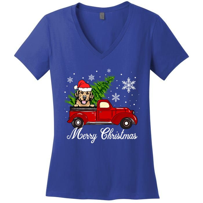 Golden Retriever Dog Riding Red Truck Christmas Decorations Cool Gift Women's V-Neck T-Shirt