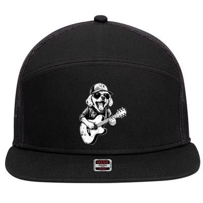 Golden Retriever Dog Playing Guitar Rock On Guitarist Wo 7 Panel Mesh Trucker Snapback Hat