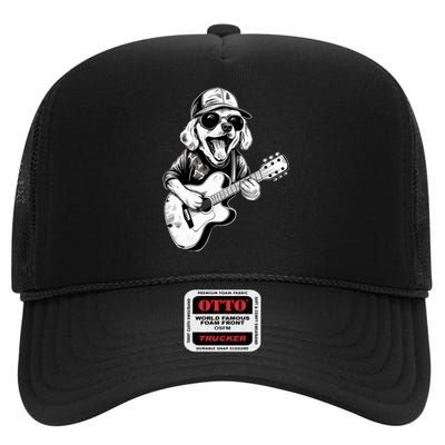 Golden Retriever Dog Playing Guitar Rock On Guitarist Wo High Crown Mesh Back Trucker Hat