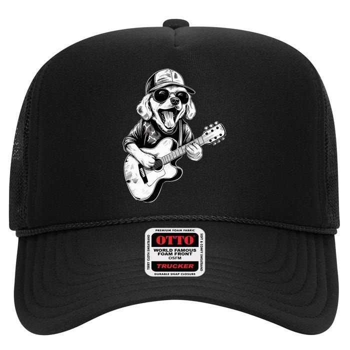 Golden Retriever Dog Playing Guitar Rock On Guitarist Wo High Crown Mesh Back Trucker Hat