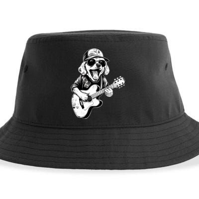 Golden Retriever Dog Playing Guitar Rock On Guitarist Wo Sustainable Bucket Hat