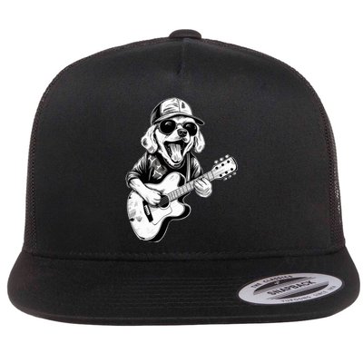 Golden Retriever Dog Playing Guitar Rock On Guitarist Wo Flat Bill Trucker Hat