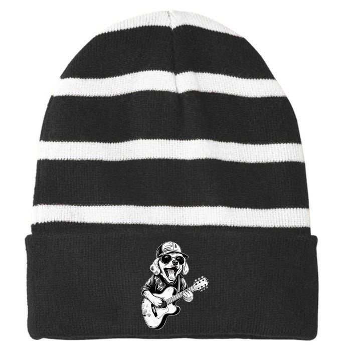 Golden Retriever Dog Playing Guitar Rock On Guitarist Wo Striped Beanie with Solid Band