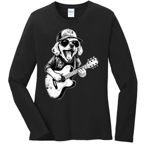 Golden Retriever Dog Playing Guitar Rock On Guitarist Wo Ladies Long Sleeve Shirt