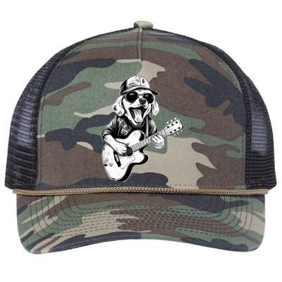 Golden Retriever Dog Playing Guitar Rock On Guitarist Wo Retro Rope Trucker Hat Cap