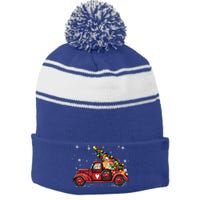 Golden Retriever Dog Love Red Pickup Truck Christmas Gift Stripe Pom Pom Beanie