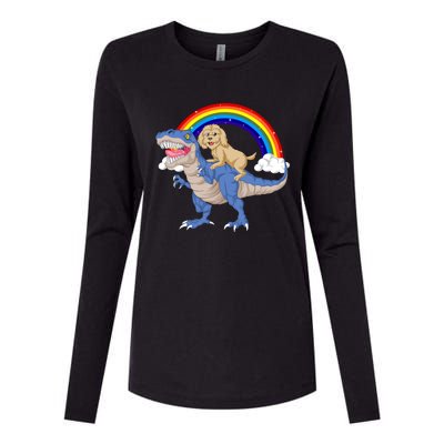 Goldendoodle Riding Dinosaur Womens Cotton Relaxed Long Sleeve T-Shirt