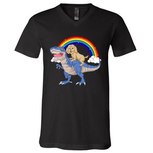 Goldendoodle Riding Dinosaur V-Neck T-Shirt