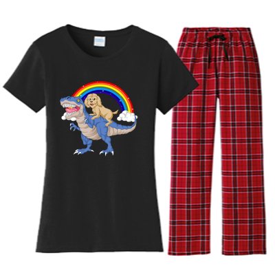 Goldendoodle Riding Dinosaur Women's Flannel Pajama Set