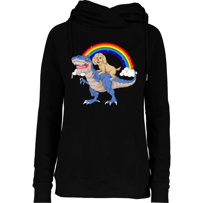 Goldendoodle Riding Dinosaur Womens Funnel Neck Pullover Hood