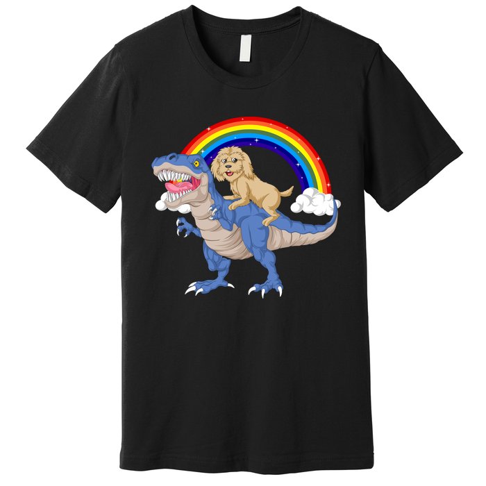 Goldendoodle Riding Dinosaur Premium T-Shirt