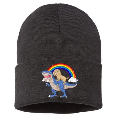 Goldendoodle Riding Dinosaur Sustainable Knit Beanie