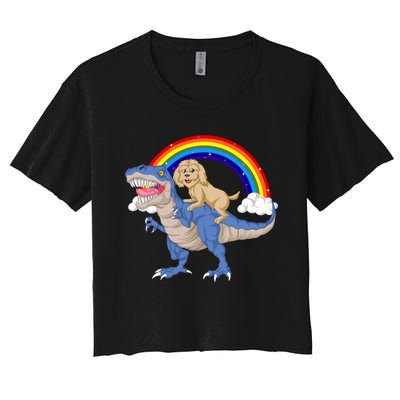 Goldendoodle Riding Dinosaur Women's Crop Top Tee