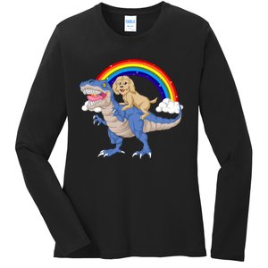 Goldendoodle Riding Dinosaur Ladies Long Sleeve Shirt