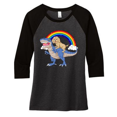 Goldendoodle Riding Dinosaur Women's Tri-Blend 3/4-Sleeve Raglan Shirt