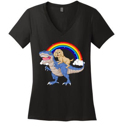 Goldendoodle Riding Dinosaur Women's V-Neck T-Shirt