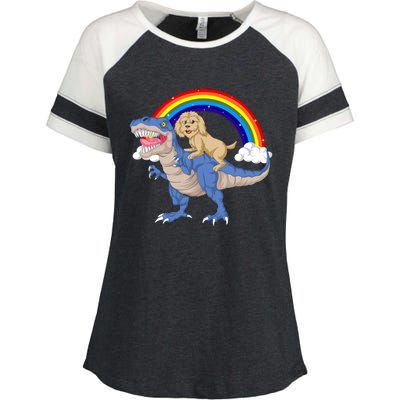 Goldendoodle Riding Dinosaur Enza Ladies Jersey Colorblock Tee