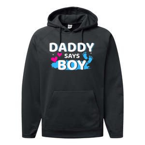 Gender reveal daddy says matching family baby party Performance Fleece Hoodie