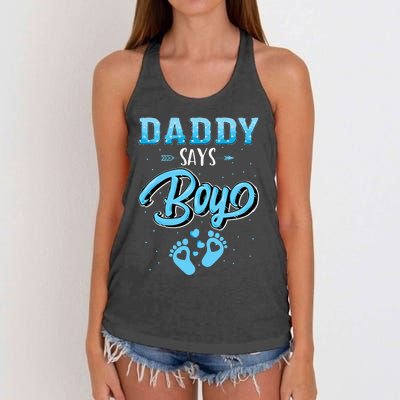 Gender Reveal Daddy Says Boy Baby Matching Family Set Women's Knotted Racerback Tank