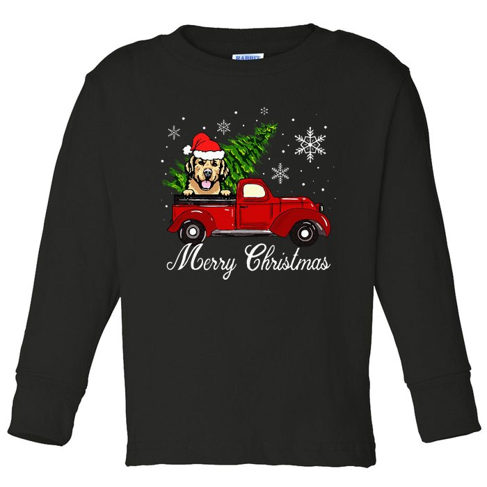 Golden Retriever Dog Riding Red Truck Christmas Decorations Toddler Long Sleeve Shirt