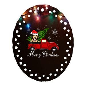 Golden Retriever Dog Riding Red Truck Christmas Decorations Ceramic Oval Ornament