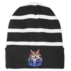 Great Horned Owl Striped Beanie with Solid Band