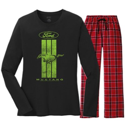 Green Mustang Stripe Women's Long Sleeve Flannel Pajama Set 