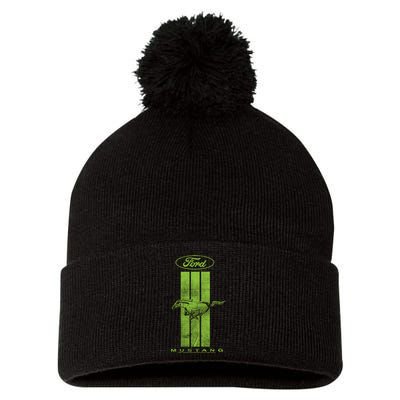 Green Mustang Stripe Pom Pom 12in Knit Beanie